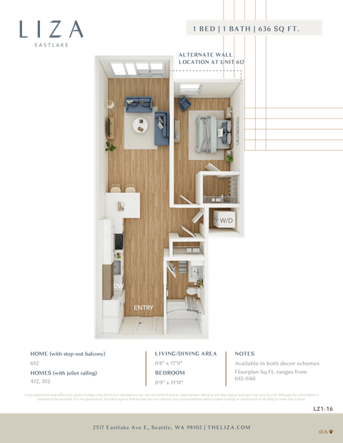 Liza Apartment 3D floor plan - 1x1 636 sqft